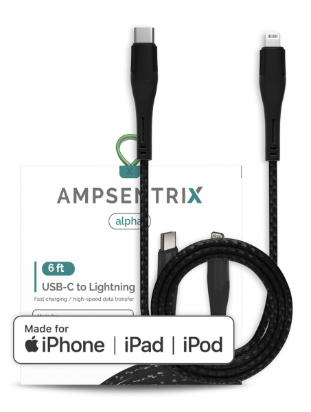 6 ft MFI Lightning To USB Type C Cable (AmpSentrix) (Alpha) (Black) image