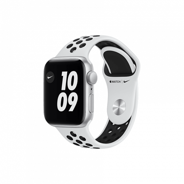 APPLE WATCH NIKE SE (GPS) • 40MM ZILVERKLEURIGE ALUMINIUM KAST • PLATINA/ZWART SPORTBANDJE VAN NIKE image