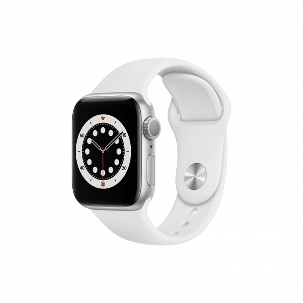 APPLE WATCH SERIES 6 (GPS) • 44MM ZILVERKLEURIGE ALUMINIUM KAST • WIT SPORTBANDJE image